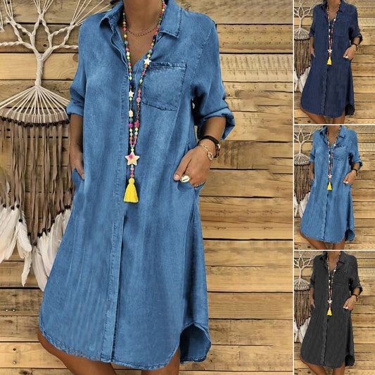 【S~5XL】🔥2024 Vestido vaquero de talla grande para mujer, vestido informal liso