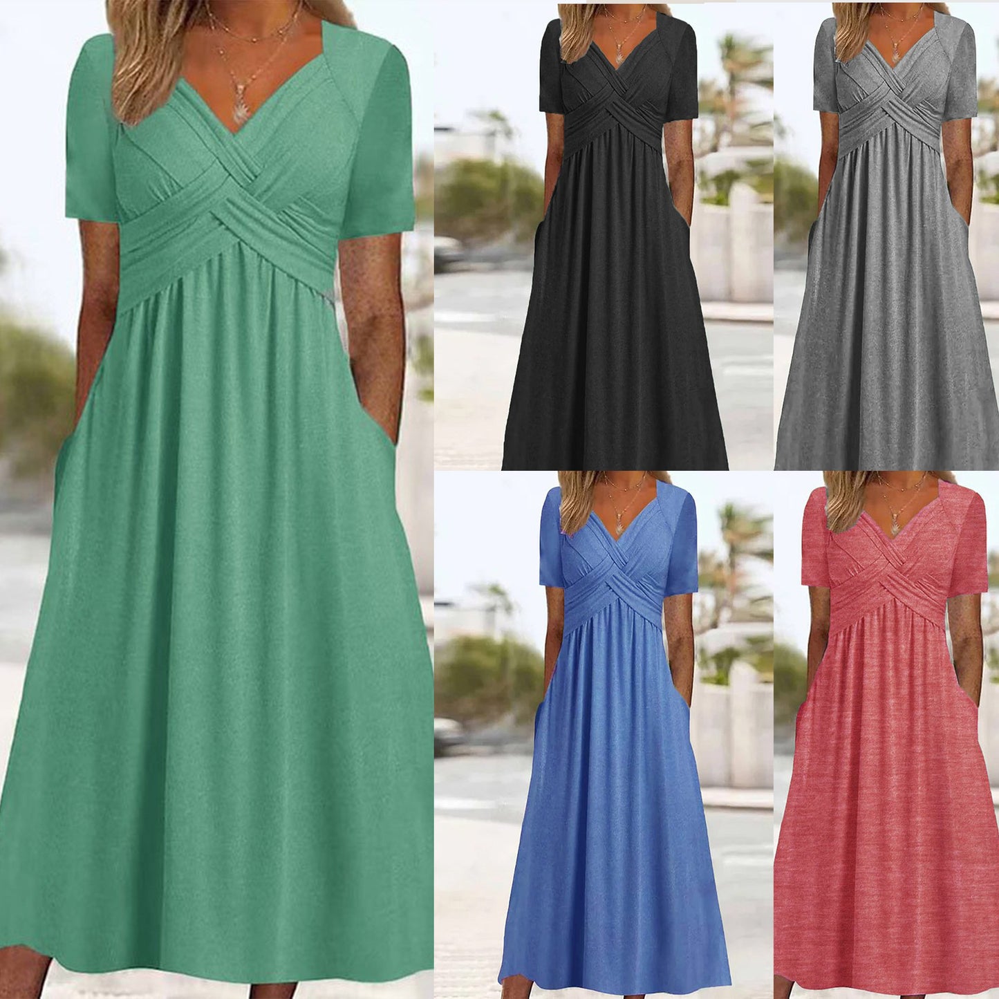 【S-3XL】2026 Vestido casual midi de color sólido Nuevo vestido suelto de manga corta de verano.