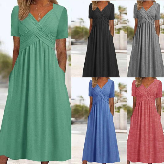 【S-3XL】2026 Vestido casual midi de color sólido Nuevo vestido suelto de manga corta de verano.