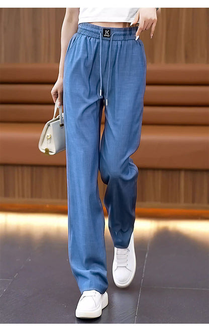 ❤️【S-3XL】Vaqueros de pierna ancha de seda de hielo con cintura alta-E