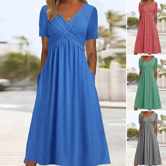 【S-3XL】2026 Vestido casual midi de color sólido Nuevo vestido suelto de manga corta de verano.