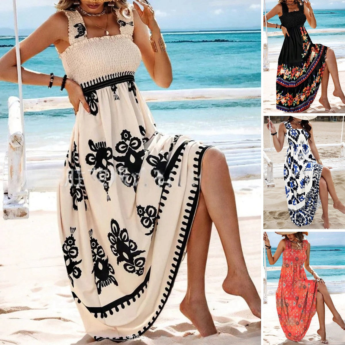 🏖️【50% de descuento ✨】【S–8XL】💃 Vestido de verano suelto de tirantes con estampado, ideal para la playa