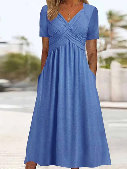 【S-3XL】2026 Vestido casual midi de color sólido Nuevo vestido suelto de manga corta de verano.