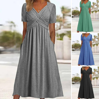【S-3XL】2026 Vestido casual midi de color sólido Nuevo vestido suelto de manga corta de verano.
