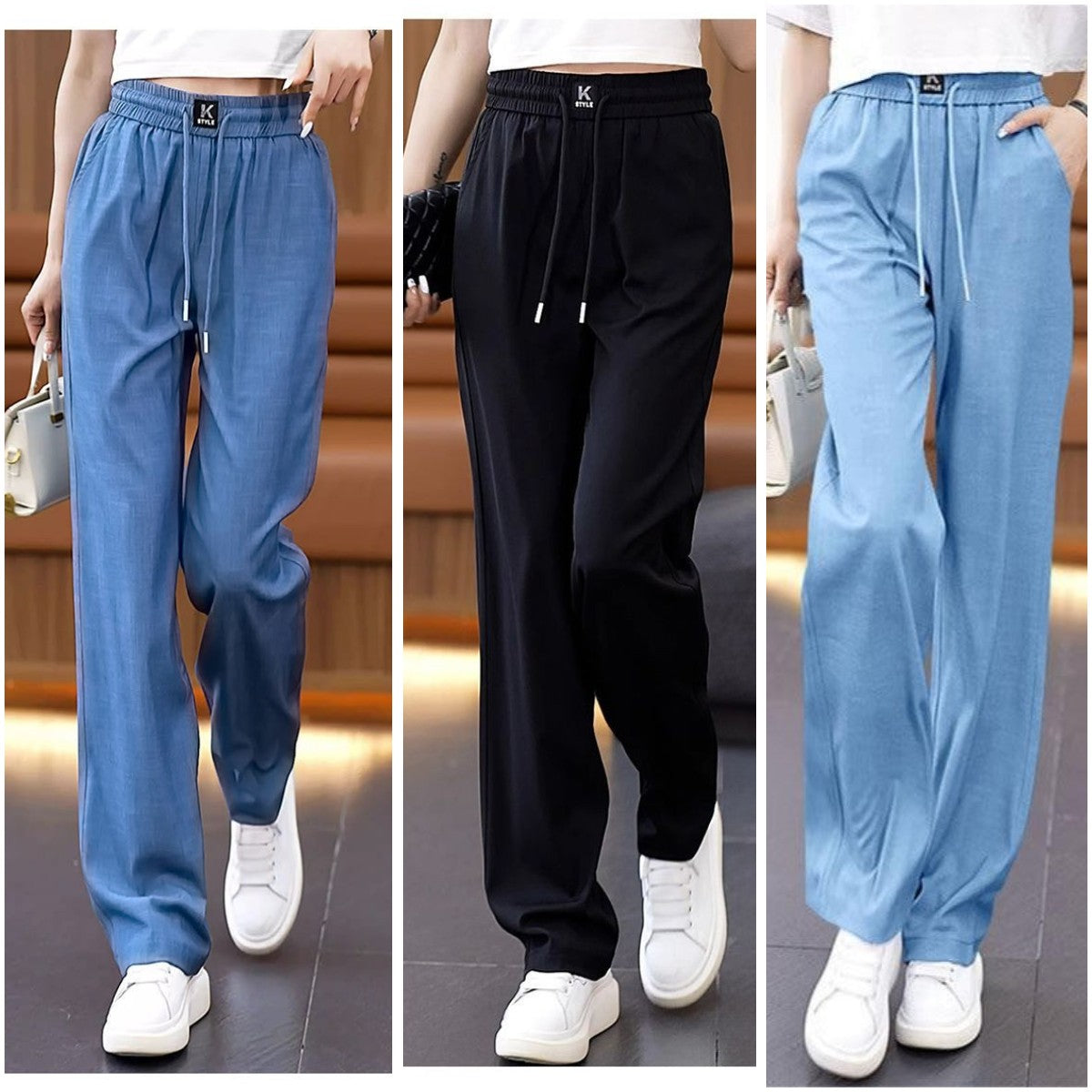 ❤️【S-3XL】Vaqueros de pierna ancha de seda de hielo con cintura alta-E