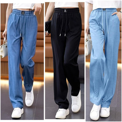 ❤️【S-3XL】Vaqueros de pierna ancha de seda de hielo con cintura alta-E