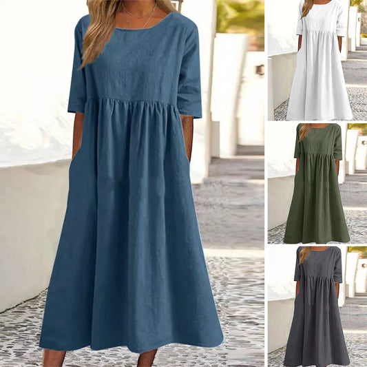🎁【S-5XL】🎁Nuevo vestido informal de algodón y lino, vestido holgado de manga corta con cuello redondo para mujer 2026