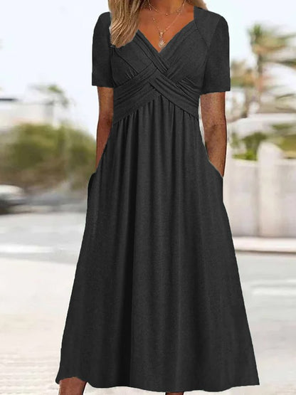 【S-3XL】2026 Vestido casual midi de color sólido Nuevo vestido suelto de manga corta de verano.