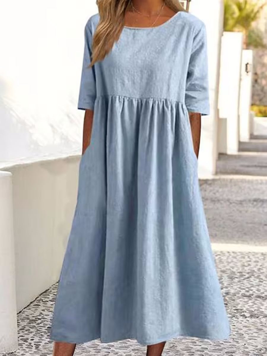 🎁【S-5XL】🎁Nuevo vestido informal de algodón y lino, vestido holgado de manga corta con cuello redondo para mujer 2026